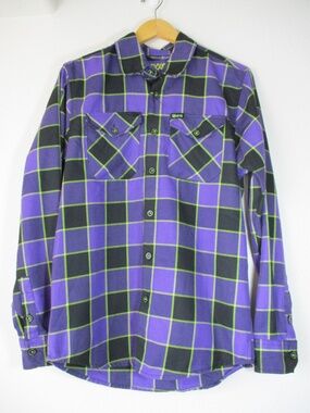 DIXXON Flannel Shirt Men S Earth Misfits AD Purple Plaid Button Halloween Grunge